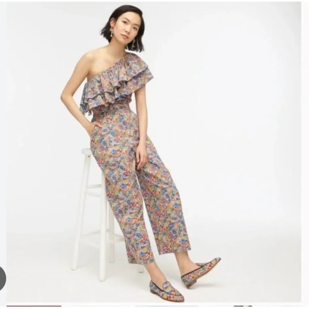 J.Crew Liberty Jumpsuit Womens 8 Multicolor One Shoulder Ruffle Floral Wide Leg